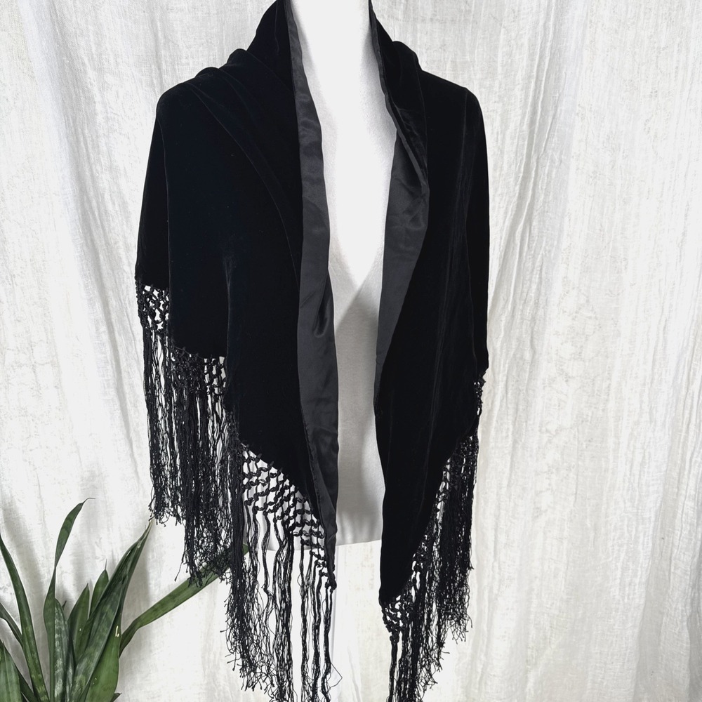 Vintage Velvet Fringe Triangle Shawl Wrap Large Whimsigoth Dark Romantic Indie